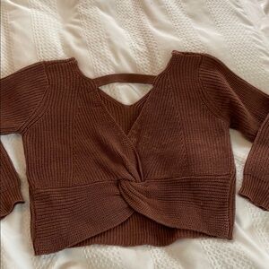 Brown V-Neck Cropped Sweater with Twist Front